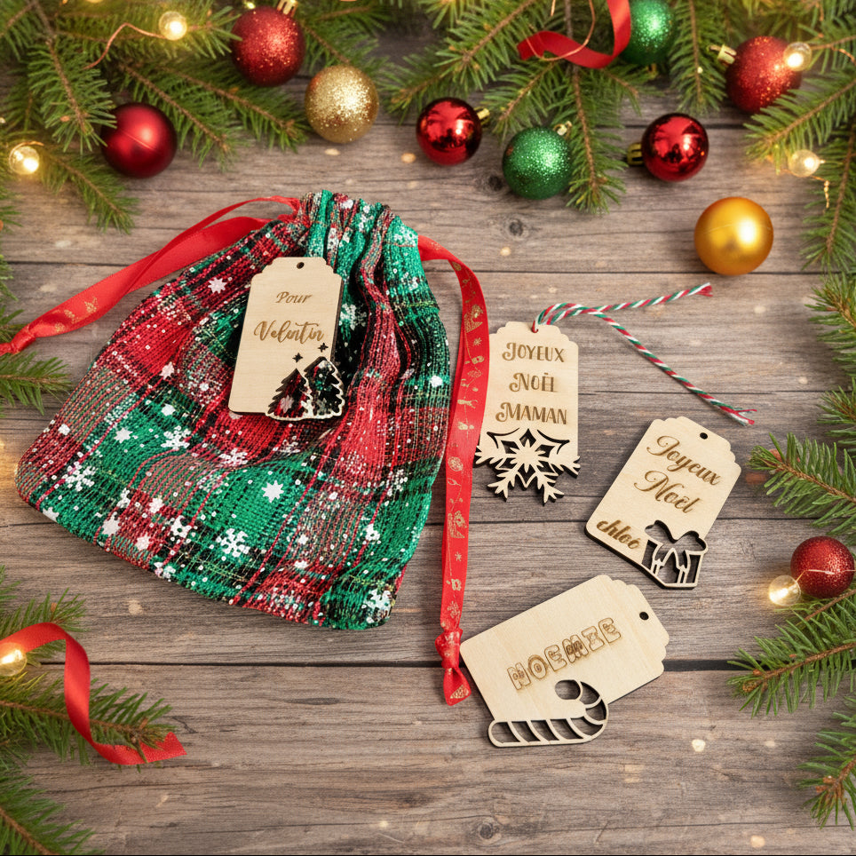 Étiquettes cadeau en bois gravées