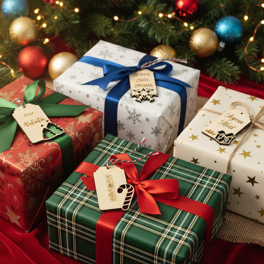 Étiquettes cadeau en bois gravées