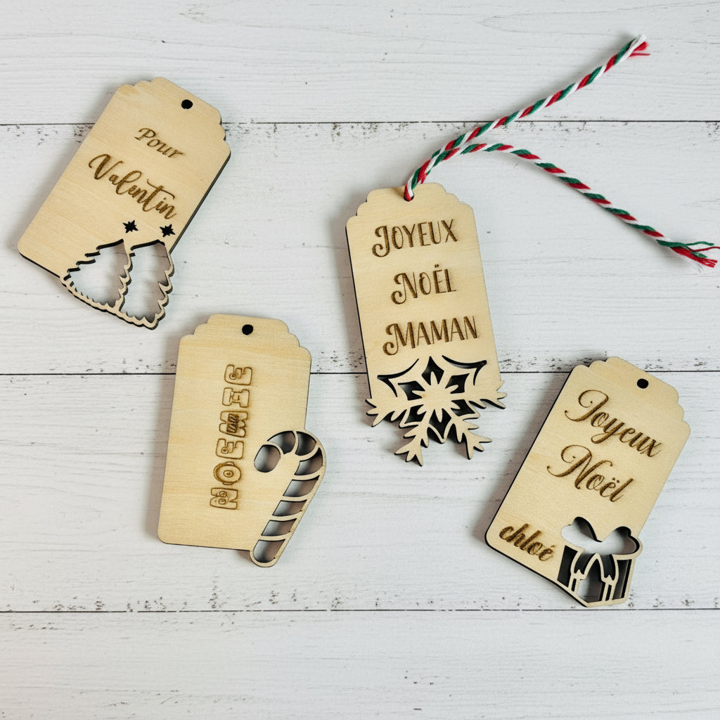 Étiquettes cadeau en bois gravées