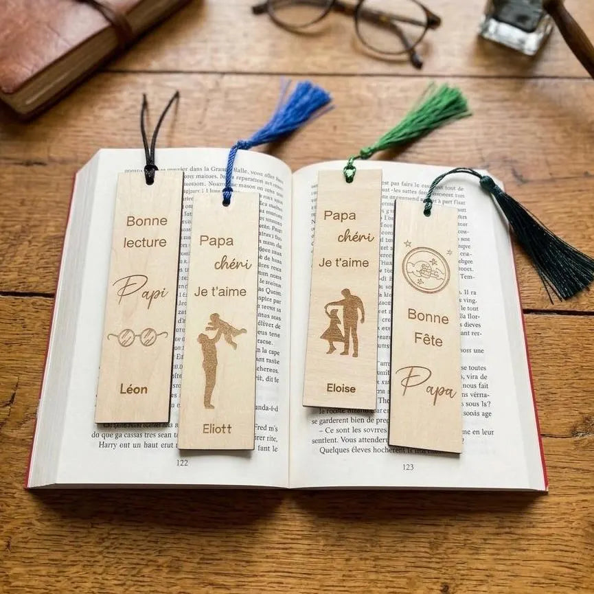 Marque-page personnalisé en bois – cadeau papa, papi, maître